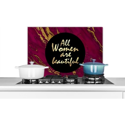 Spatscherm Keuken - Kookplaat Achterwand - Spatwand Fornuis - 70x50 cm - Quote - Vrouw - Goud - Bordeaux - Aluminium - Wanddecoratie - Muurbeschermer - Hittebestendig
