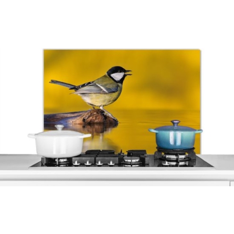 Spatscherm Keuken - Kookplaat Achterwand - Spatwand Fornuis - 90x60 cm - Koolmees - Vogel - Water - Aluminium - Wanddecoratie - Muurbeschermer - Hittebestendig