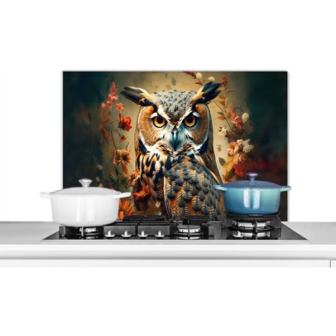 Spatscherm Keuken - Kookplaat Achterwand - Spatwand Fornuis - 90x60 cm - Uil - Vogel - Bloemen - Planten - Botanisch - Aluminium - Wanddecoratie - Muurbeschermer - Hittebestendig