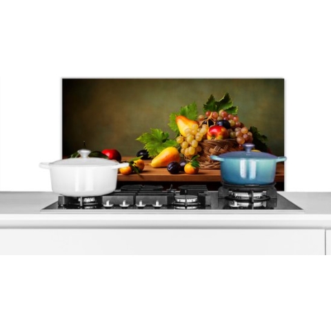 Spatscherm Keuken - Kookplaat Achterwand - Spatwand Fornuis - 90x45 cm - Rustiek - Mand - Fruit - Stilleven - Aluminium - Wanddecoratie - Muurbeschermer - Hittebestendig