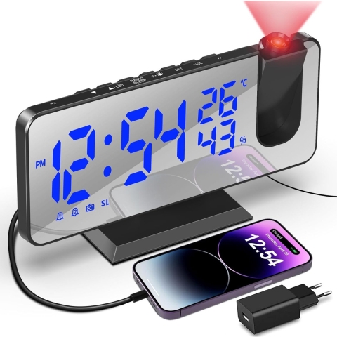 Wekkerradio met Projectie - Digitale Klok - FM-radio - Instelbare Helderheid - Projectiefunctie voor Plafondprojectie - Wekker met Sluimerfunctie - Compact Ontwerp - Moderne Ochtendroutine Essentials