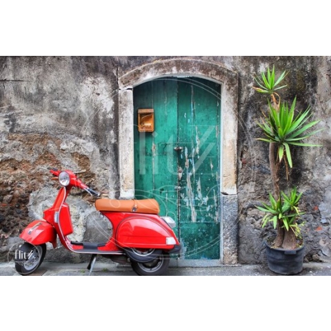 100% Nederlandse Productie! │ Diamond Painting │ Rode Scooter voor Verweerde Deur │ Formaat 60 x 40 cm │ Diamond Painting Pakket Volwassen │ Volledige bedekking │ Vierkant │ Full │ Flitzz Diamond Painting
