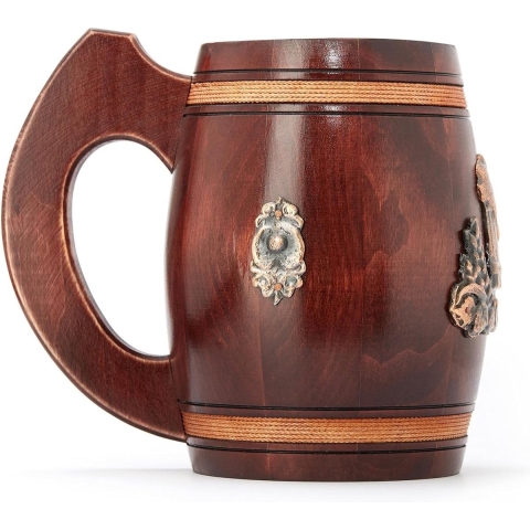 Houten bierpul zonder deksel - Handgemaakt echt eikenhout met een inhoud van 0,5L - Prachtig middeleeuws bierpul cadeau voor jou en alle bierliefhebbers, unieke Viking-stijl