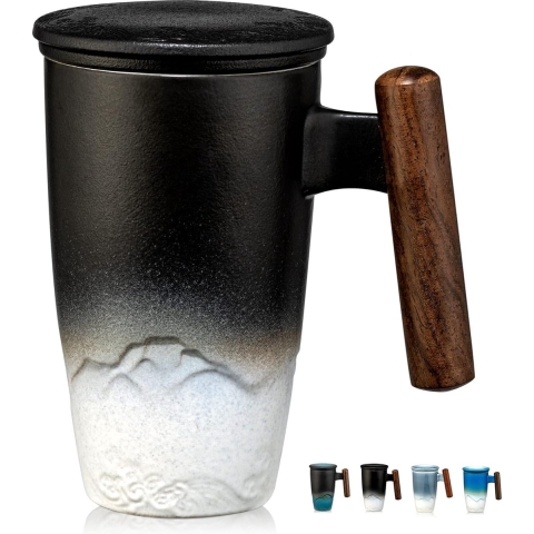 Tomotime keramische theekop met zetgroep en deksel theemok met houten handvat 400 ml zwart