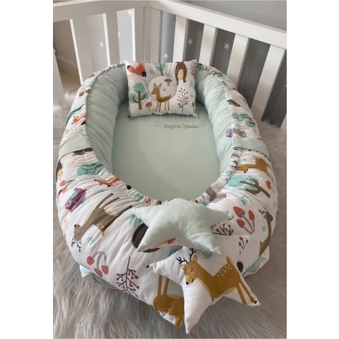 SNS Baby - Schattig Bos - Luxe Design - Babynest - Babynestje en Hoofdkussen - Organische Katoen - Antibacterieel Babynestje - Anti-Allergisch Babynestje - Groente - 74 x 40 cm