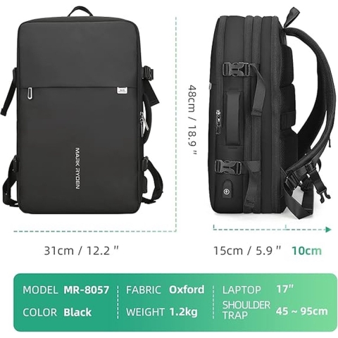 Uitbreidbare rugzak van 25 - 40 liter, waterdichte laptop-weekendrugzak voor laptops van 17,3 inch, diefstalbeveiliging, geschikt voor vliegtuig, handbagagerugzak voor weekendtrips