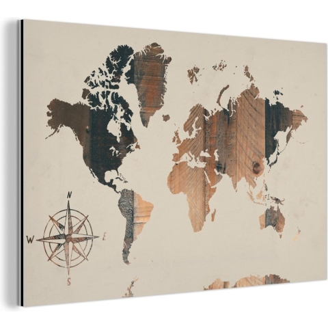 Wanddecoratie Metaal - Aluminium Schilderij Industrieel - Wereldkaart - Houten Plank - Windroos - 120x80 cm - Dibond - Foto op aluminium - Industriële muurdecoratie - Voor de woonkamer/slaapkamer