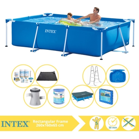 Intex Rectangular Frame Zwembad - Opzetzwembad - 260x160x65 cm - Inclusief Afdekzeil, Onderhoudspakket, Zwembadpomp, Filter, Solar Mat, Trap, Voetenbad en Zwembadtegels