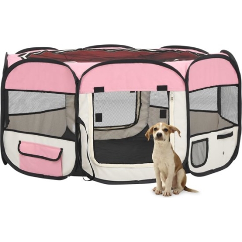 The Living Store Inklapbare Ren - Hondentrainings- en Slaapplek - 145x145x61 cm - Lichtgewicht en Stevig - Gaasdak en Ritsdeur - Zijnetten - Zijvakken - Roze en Crème - Polyester en Staal