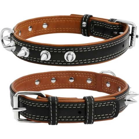 WAUDOG Soft Halsband / Hondenhalsband met Spikes - Leder - Zwart - Breedte: 35 mm - Nekomtrek: 46 - 60 cm (GELIEVE ALVORENS BESTELLEN OPMETEN)