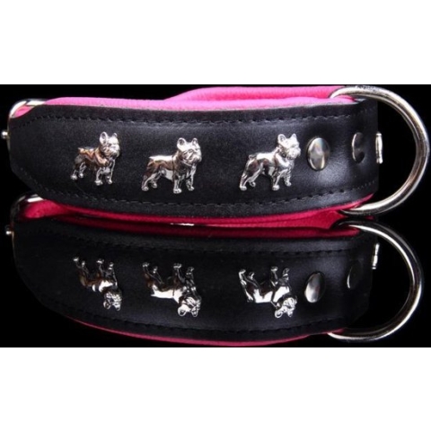 Dog's Companion - Leren halsband Franse Bulldog - Lengte: 45cm (32-41cmx40 mm), Kleur: Zwart / Roze