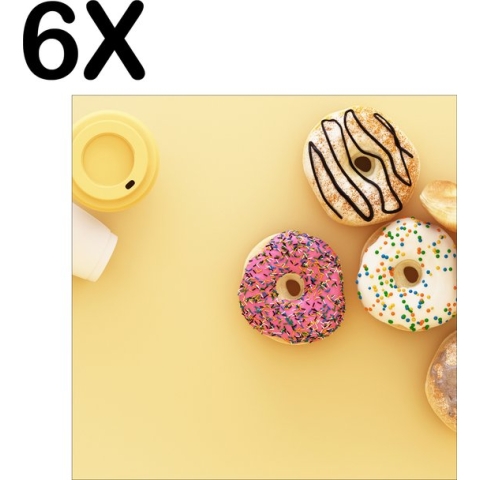 BWK Textiele Placemat - Koffie en Donuts op een Gele Achtergrond - Set van 6 Placemats - 40x40 cm - Polyester Stof - Afneembaar