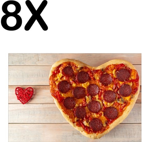 BWK Textiele Placemat - Love Pizza - Hartjes Pizza - Set van 8 Placemats - 45x30 cm - Polyester Stof - Afneembaar