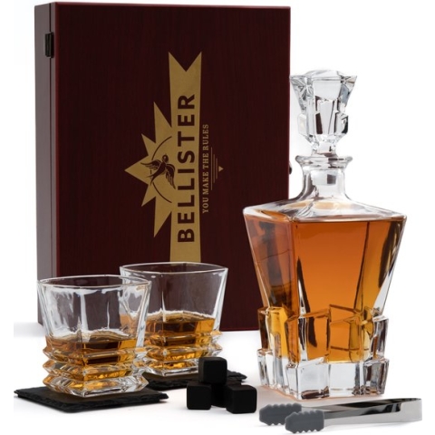 Whiskey Karaf Set Bellister - 2 Whiskey Glazen Set - 8 Whiskey Stones - 2 Stenen Onderzetters - Luxe Whisky Cadeauset - Decanteer Karaf Set
