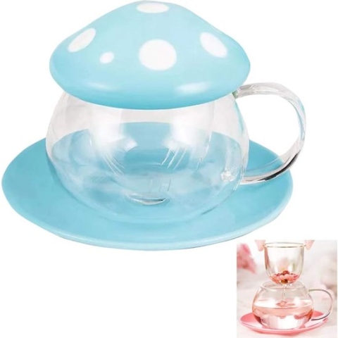 theemok van glas in paddenstoelvorm, set met thee-ei en lepel, 290 ml, transparante theepot met keramische deksel en onderzetter, hittebestendig voor thuis en op kantoor (blauw)