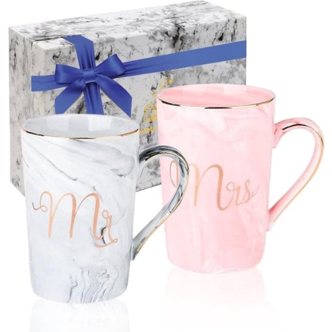 Set van 2 Mokken - Mok set - Couple mok - Koffiemok - Koffiebeker - Beker - Mokken en bekers - Beker met lepel en deksel - 400 ml - Keramiek - Mr./Mrs. - Blauw/roze
