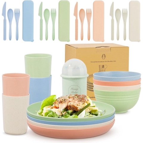 40-delige camping servies set, lichtgewicht en onbreekbaar plastic diner set voor 4 personen, bord, kom, bekers, bestek set geschikt voor familiediners, picknicks.
