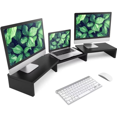 Monitorstandaard Schermlift - Houten dubbele onderbouw Scherm Laptopstandaard Tafellift voor 2 pc's Notebook Computer Draailengte verstelbaar | (840-1232)*235*95mm Zwart