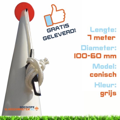 Vlaggenmast BASIC 7 meter aluminium conisch ø 100-60 mm, grijs incl. knop, kikker, koord en geleide-oog - 1207A1 (zonder grondbevestiging)