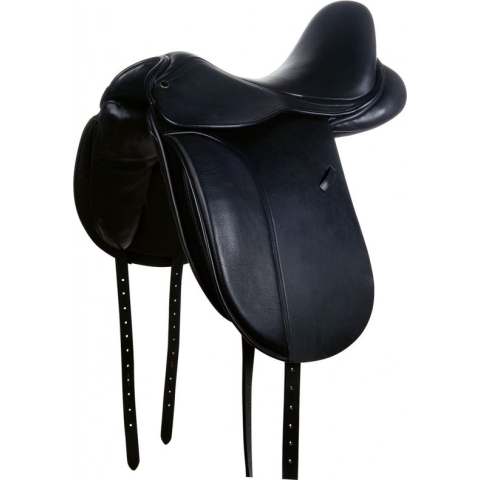 dressuurzadel 17.5 inch zwart leder met verwisselbare boom, extra diepe zit