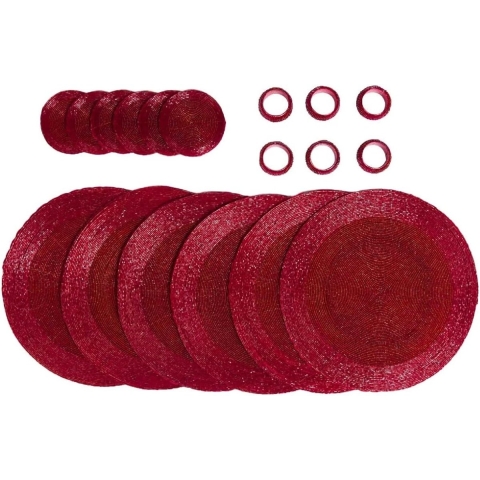 Onderzetters Met Glazen Kralen, Servet ringen en ronde placemats 18-delig Set, Rood