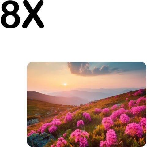 BWK Flexibele Placemat - Roze Bloemen op een Berg bij Zonsondergang - Set van 8 Placemats - 35x25 cm - PVC Doek - Afneembaar