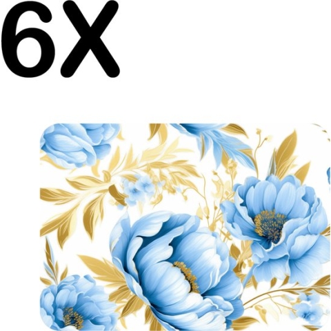 BWK Luxe Placemat - Patroon van Blauwe Bloemen met Gouden Bladeren - Set van 6 Placemats - 40x30 cm - 2 mm dik Vinyl - Anti Slip - Afneembaar