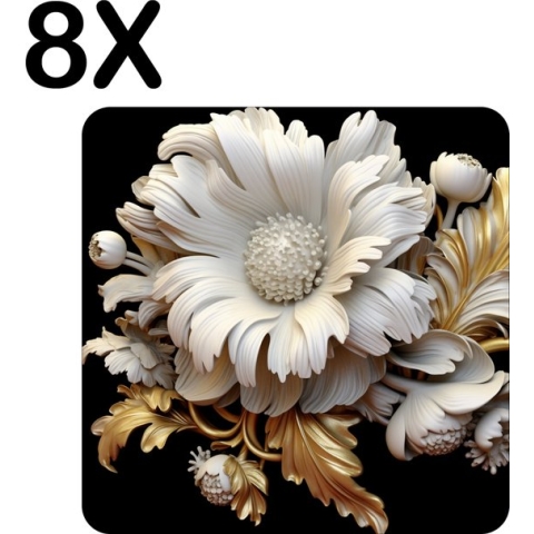 BWK Luxe Placemat - Wit - Goud - Bloem - Artistiek - Set van 8 Placemats - 40x40 cm - 2 mm dik Vinyl - Anti Slip - Afneembaar