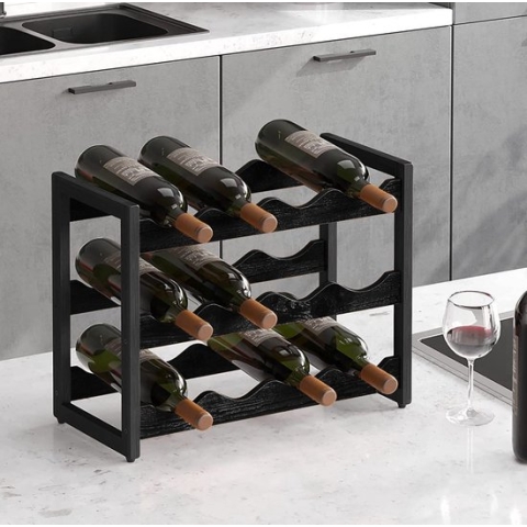 VinoDiMontagna Wijnrek - 3-laags - 12 flessen - Wijnmeubel - Staand Flessenrek voor 12 flessen - Metaal - Hout - 50 x 38 x 20 cm (L x B x H) - Zwart