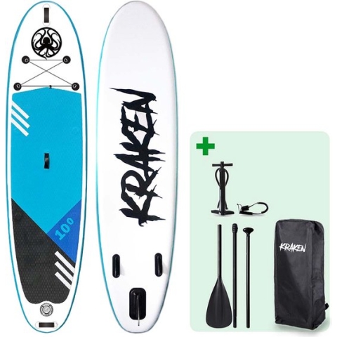 KRAKEN Dubbellaags SUP 10'0 Pro | Premium Double Layer Fusion Supboard | Compleet met Peddel, Pomp, Rugzak | MSL Dropstitch Technology | 305x76x15 CM | Stand Up Paddle Board | 3 Vins Configuratie | Dual Layer & Extra Stabiel | 305 CM | TOT 140 KG