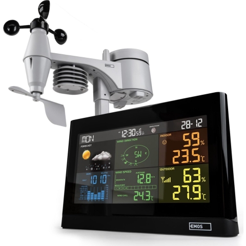 EMOS Weerstation met Wind en Regenmeter, Draadloos Binnen- en Buitenweersysteem met Kleurendisplay, Bewaakt Temperatuur, Luchtdruk, Luchtvochtigheid, Comfort & Hitte-index, 12-24 Uursvoorspelling