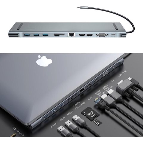 Baseus 11 in 1 USB-C hub kaartlezer SD microSD 3 USB-A HDMI RJ45 ethernet VGA 3.5mm audio multi-poort PD - Grijs