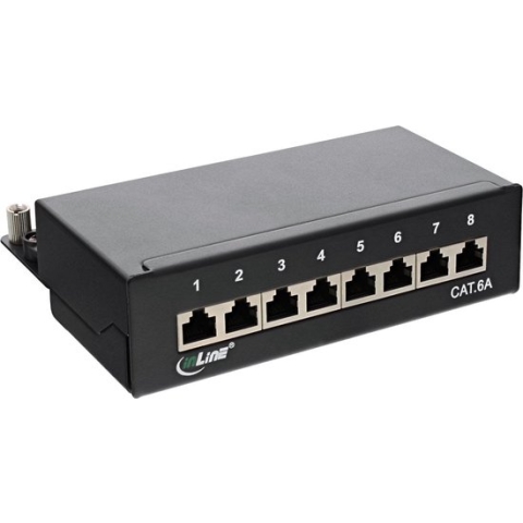 Premium CAT6a Gigabit DIN Rail Patch Panel 1U met 8 poorten - afgeschermd / zwart