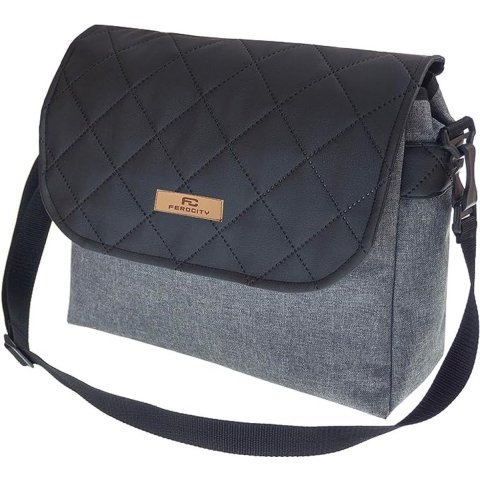 Babyluiertas, kinderwagentas, reistas, luiertas, verzorgingstas, babytas, schoudertas, patroon, grijs linnen, zwart leer [059]