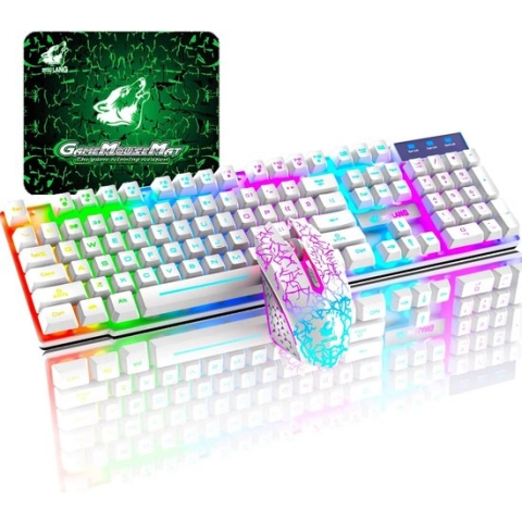 Draadloos gaming toetsenbord met muis + gratis muismat - 2.4G wireless - Wireless - RGB verlichting - Multimediatoetsen - Ergonomisch - QWERTY - Wit
