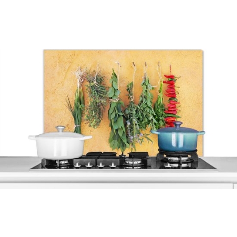 Spatscherm Keuken - Kookplaat Achterwand - Spatwand Fornuis - 80x55 cm - Mediterraanse kruiden - Aluminium - Wanddecoratie - Muurbeschermer - Hittebestendig
