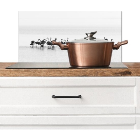 Spatscherm keuken 70x30 cm - Kookplaat achterwand Flamingo's - Water - Natuur - Zwart wit - Muurbeschermer hittebestendig - Spatwand fornuis - Hoogwaardig aluminium