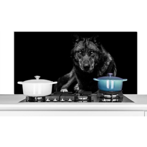 Spatscherm Keuken - Kookplaat Achterwand - Spatwand Fornuis - 120x60 cm - Dieren - Wolf - Zwart - Wit - Portret - Aluminium - Wanddecoratie - Muurbeschermer - Hittebestendig