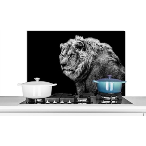 Spatscherm Keuken - Kookplaat Achterwand - Spatwand Fornuis - 90x60 cm - Leeuw - Portret - Wilde dieren - Zwart - Wit - Aluminium - Wanddecoratie - Muurbeschermer - Hittebestendig