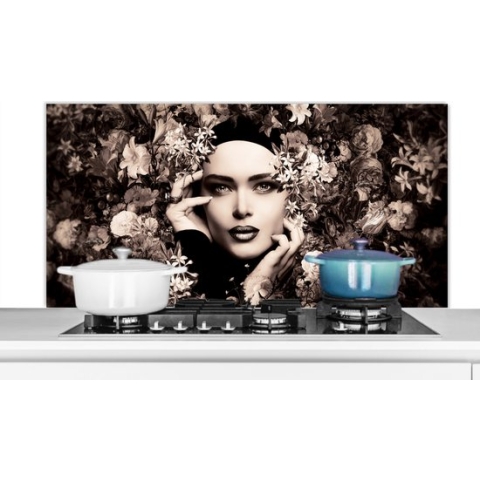 Spatscherm Keuken - Kookplaat Achterwand - Spatwand Fornuis - 120x60 cm - Vrouw - Bloemen - Botanisch - Natuur - Aluminium - Wanddecoratie - Muurbeschermer - Hittebestendig