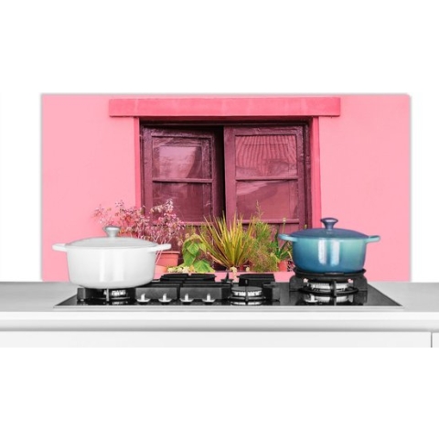 Spatscherm Keuken - Kookplaat Achterwand - Spatwand Fornuis - 120x60 cm - Raam - Planten - Roze - Plantenbak - Aluminium - Wanddecoratie - Muurbeschermer - Hittebestendig