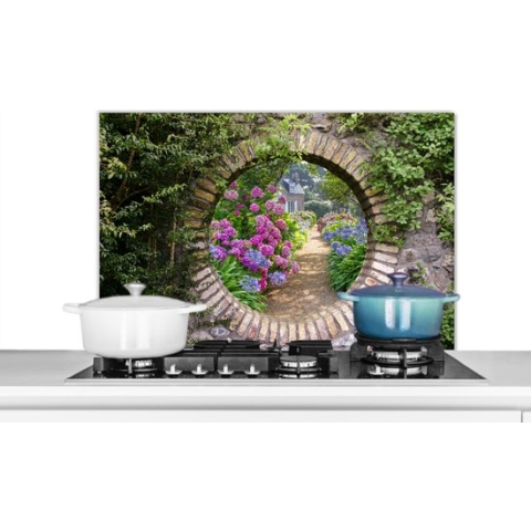 Spatscherm Keuken - Kookplaat Achterwand - Spatwand Fornuis - 90x60 cm - Doorkijk - Bloemen - Hortensia - Zomer - Aluminium - Wanddecoratie - Muurbeschermer - Hittebestendig