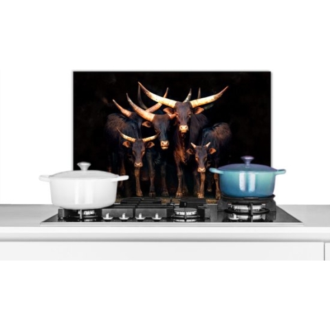 Spatscherm Keuken - Kookplaat Achterwand - Spatwand Fornuis - 60x40 cm - Koe - Watussie - Stier - Afrika - Zwart - Aluminium - Wanddecoratie