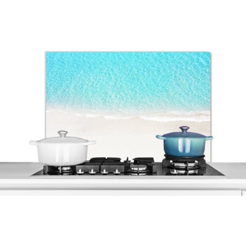 Spatscherm Keuken - Kookplaat Achterwand - Spatwand Fornuis - 90x60 cm - Blauw - Water - Strand - Aluminium - Wanddecoratie - Muurbeschermer - Hittebestendig