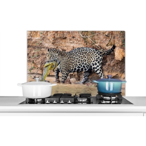 Spatscherm Keuken - Kookplaat Achterwand - Spatwand Fornuis - 90x60 cm - Jaguar - Slang - Water - Aluminium - Wanddecoratie - Muurbeschermer - Hittebestendig