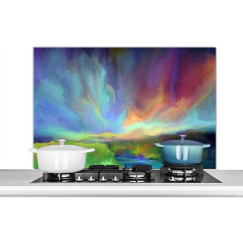 Spatscherm Keuken - Kookplaat Achterwand - Spatwand Fornuis - 100x65 cm - Landschap - Waterverf - Lucht - Aluminium - Wanddecoratie - Muurbeschermer - Hittebestendig