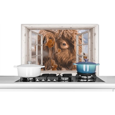 Spatscherm Keuken - Kookplaat Achterwand - Spatwand Fornuis - 90x60 cm - Schotse hooglander - Doorkijk - Insecten - Aluminium - Wanddecoratie - Muurbeschermer - Hittebestendig