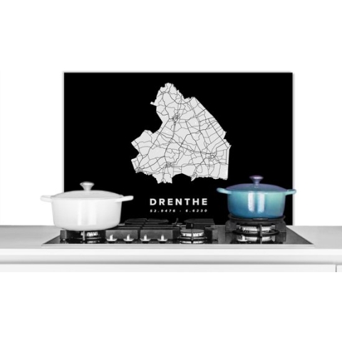 Spatscherm Keuken - Kookplaat Achterwand - Spatwand Fornuis - 90x60 cm - Drenthe - Wegenkaart Nederland - Zwart - Aluminium - Wanddecoratie - Muurbeschermer - Hittebestendig
