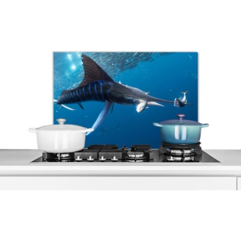 Spatscherm Keuken - Kookplaat Achterwand - Spatwand Fornuis - 70x50 cm - Zwaardvis - Blauw - Water - Aluminium - Wanddecoratie - Muurbeschermer - Hittebestendig