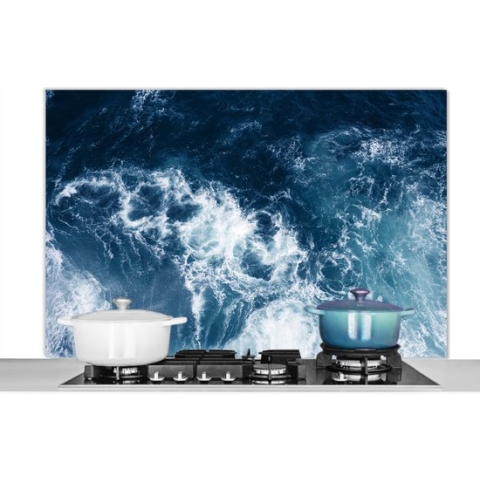 Spatscherm Keuken - Kookplaat Achterwand - Spatwand Fornuis - 120x80 cm - Water - Golf - Blauw - Aluminium - Wanddecoratie - Muurbeschermer - Hittebestendig